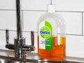 A bottle of Dettol on a kitchen sink. A household disinfectant.