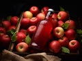 Bottle with dew of red apple juice with ripe fresh apples in box on dark background.Macro.AI Generative Royalty Free Stock Photo