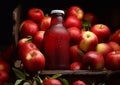 Bottle with dew of red apple juice with ripe fresh apples in box on dark background.Macro.AI Generative Royalty Free Stock Photo