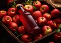 Bottle with dew of red apple juice with ripe fresh apples in box on dark background.Macro.AI Generative Royalty Free Stock Photo