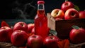 Bottle with dew of red apple juice with ripe fresh apples in box on dark background.Macro.AI Generative Royalty Free Stock Photo
