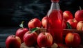 Bottle with dew of red apple juice with ripe fresh apples in box on dark background.Macro.AI Generative Royalty Free Stock Photo