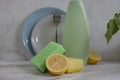 Bottle of dish detergent, lemon, antiseptic detergent cleanup chemical sterilize sponge on a light background