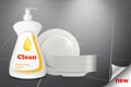 Bottle of dishwashing detergent and a stack of plates Royalty Free Stock Photo