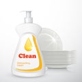 Bottle of dishwashing detergent and a stack of plates Royalty Free Stock Photo