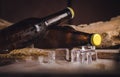 Bottle Draft Beer and ice on wooden table Royalty Free Stock Photo