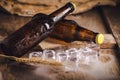 Bottle Draft Beer and ice on wooden table Royalty Free Stock Photo