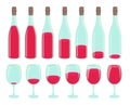 Bottle drinking process. Different amount of beverage. Set of glasses with red drink. Small to large. Animation