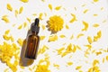 Bottle with dropper pipette with serum or essential oil on the background yellow flower petals. Royalty Free Stock Photo