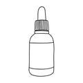 Bottle for drops in the style of Doodle.A small bottle with a lid.Black and white illustration.Monochrome.Hygiene and healthcare