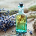 Bottle of essential oil and bunch of lavender flowers