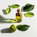 Bottle of essential oil with fresh guava leaves on white background