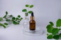 Bottle of essential oil with herb on grey background.