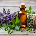 Bottle of essential oil with herbs holy basil flower, basil flower,rosemary,oregano, sage,parsley ,thyme and mint on old wooden Royalty Free Stock Photo