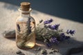 Bottle of essential oil and lavender flowers on light stone table. AI generation Royalty Free Stock Photo