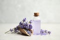 Bottle of essential oil and lavender flowers on stone table Royalty Free Stock Photo