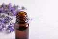 Bottle of essential oil and lavender flowers on white wooden background Royalty Free Stock Photo
