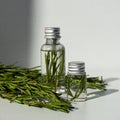 A bottle with essential oil and rosemary on a white background. A bottle of essential oil with fresh rosemary sprigs. Royalty Free Stock Photo