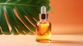 Bottle of essential oil and tropical leaf on orange background, Generative AI Royalty Free Stock Photo