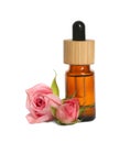 Bottle of essential rose oil and flowers against background Royalty Free Stock Photo