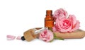 Bottle of essential rose oil and flowers on background Royalty Free Stock Photo