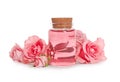 Bottle of essential rose oil and flowers on white background Royalty Free Stock Photo