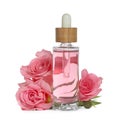 Bottle of essential rose oil and flowers on white background Royalty Free Stock Photo