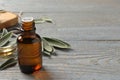 Bottle of essential sage oil and leaves on grey wooden table. Space for text Royalty Free Stock Photo