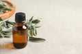 Bottle of essential sage oil and leaves on light grey table. Space for text Royalty Free Stock Photo