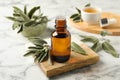 Bottle of essential sage oil and leaves on white marble table Royalty Free Stock Photo