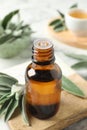 Bottle of essential sage oil and leaves on white table, closeup Royalty Free Stock Photo