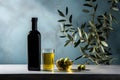 Bottle of extra virgin olive oil, some olives and olive tree branches. AI generative