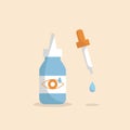 Bottle of eyedrops, pipette and drop of treatment