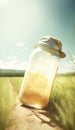 Bottle filled with cold and refreshing lemonade, glistening in the sunlight, with sliced lemons and ice cubes, perfect for a hot Royalty Free Stock Photo