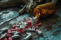 A bottle filled with pills is seen resting on top of a wooden table, An eerie depiction of the horrors hidden behind opioids, AI