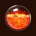 Bottle of fire. Game icon of magic orb. Interface for rpg or match3 game. Big variant. Fire, energy, lava, flame.