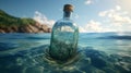 a bottle that floats tilted in the blue sea and shaken Royalty Free Stock Photo