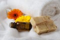 Bottle of Flower Essence and Raw Soap Royalty Free Stock Photo
