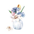 Bottle with flowers. Spring Bouquet in vase. Floral design. Hand drawn watercolor isolated illustration Royalty Free Stock Photo