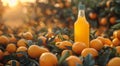 Bottle of fresh healthy orange juice on orange harvest plantation field background.Macro.AI Generative