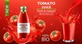 Bottle of fresh and natural bio juice submerged in flowing liquid and tomatoes with a cup splashing fluid. Place for