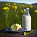 Bottle of fresh tasty milk and yellow appetizing piece of cheese on natural background of flowers and meadow,