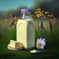 Bottle of fresh tasty milk and yellow appetizing piece of cheese on natural background of flowers and meadow,