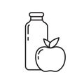 Bottle with fruit icon. Thin line art template for apple or peach juice or smoothie. Black and white simple illustration. Contour