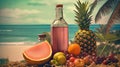 Bottle with fruit water or alcohol in the sand of the beach. Vacation scene with lemonade bottle on the shore line Royalty Free Stock Photo