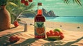 Bottle with fruit water or alcohol in the sand of the beach. Vacation scene with lemonade bottle on the shore line Royalty Free Stock Photo