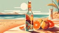 Bottle with fruit water or alcohol in the sand of the beach. Vacation scene with lemonade bottle on the shore line Royalty Free Stock Photo