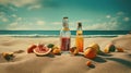 Bottle with fruit water or alcohol in the sand of the beach. Vacation scene with lemonade bottle on the shore line Royalty Free Stock Photo