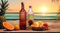 Bottle with fruit water or alcohol in the sand of the beach. Vacation scene with lemonade bottle on the shore line Royalty Free Stock Photo