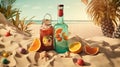 Bottle with fruit water or alcohol in the sand of the beach. Vacation scene with lemonade bottle on the shore line Royalty Free Stock Photo